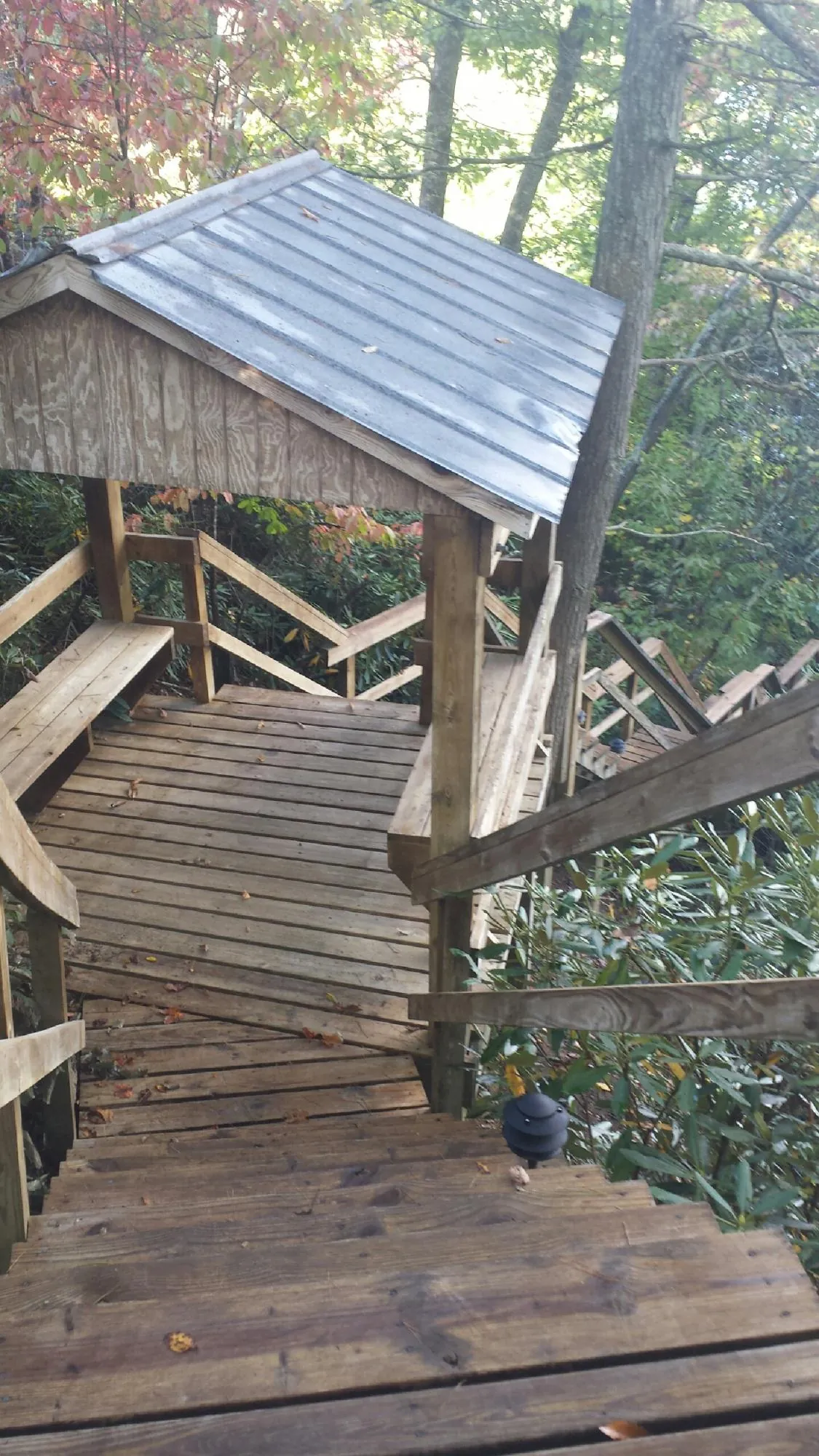Metal roofed shelter over wooden steps on a wooded walkway — Skylight Repair & Installation work by our crew in Clarkton